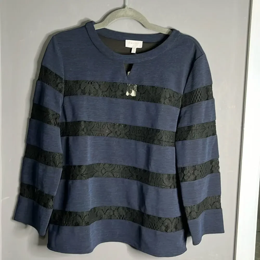 Anthropologie Harlyn Navy Blue Black Lace Long Sleeve Top Medium